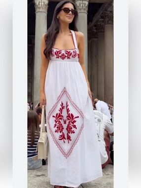 ZARA NEW FLORAL EMBROIDERED TEXTURED MIDI DRESS ECRU 1821/051/712
